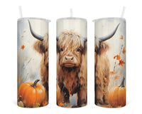 Highland Calf Boy with Pumpkins 20 oz insulated tumbler with lid and straw - Sew Lucky Embroidery