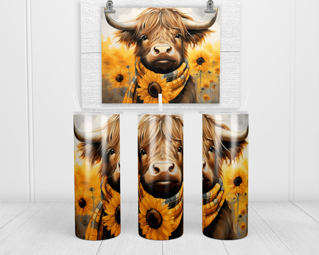 Highland Cow with Fall Sunflowers 20 oz insulated tumbler with lid and straw - Sew Lucky Embroidery