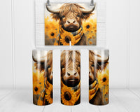 Highland Cow with Fall Sunflowers 20 oz insulated tumbler with lid and straw - Sew Lucky Embroidery