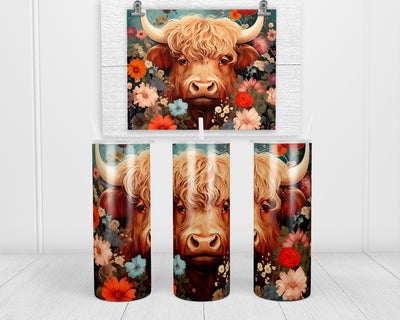 Highland Cow with Flowers 20 oz insulated tumbler with lid and straw