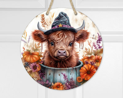 Highland Cow Witch Fall Door Hanger