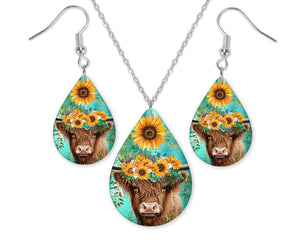 Highland Cow with Sunflowers Earrings and Necklace Set - Sew Lucky Embroidery