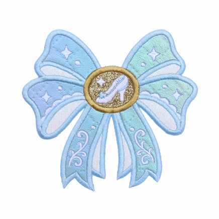 Iridescent princess coquette bow embroidered patch with glass slipper center, blue fairytale patch for backpacks jackets birthday outfits and custom sewing projects