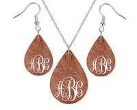 Leather Monogrammed Design Teardrop Earrings and Necklace Set - Sew Lucky Embroidery