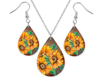 Leather and Sunflowers Earrings and Necklace Set - Sew Lucky Embroidery