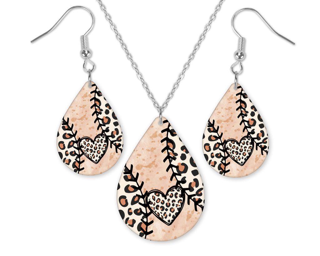 Leopard Baseball Heart Teardrop Earrings and Necklace Set - Sew Lucky Embroidery