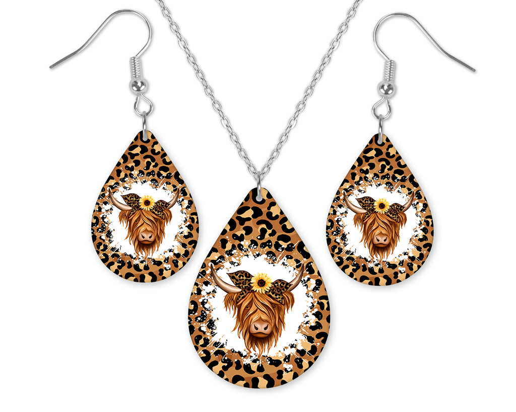 Leopard Highland Cow Teardrop Earrings and Necklace Set - Sew Lucky Embroidery