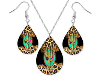 Leopard and Cactus Teardrop Earrings and Necklace Set - Sew Lucky Embroidery