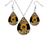 Leopard Sunflower and Glitter Teardrop Earrings and Necklace Set - Sew Lucky Embroidery