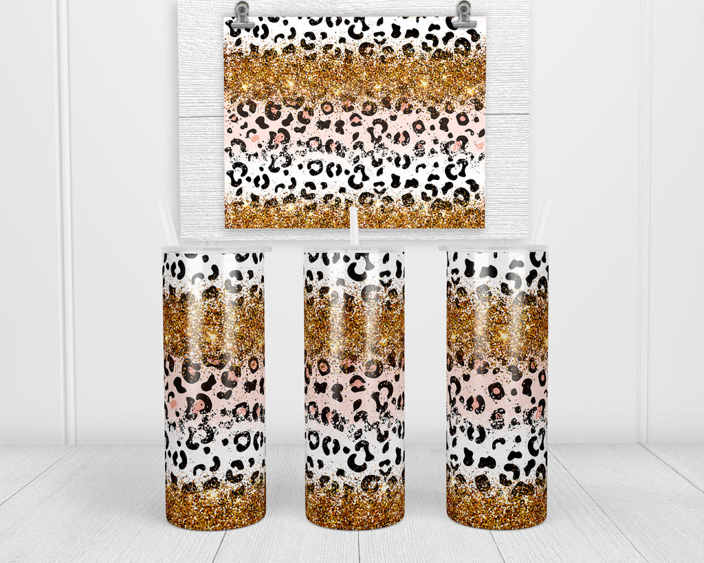 Leopard with Gold Glitter 20 oz insulated tumbler with lid and straw - Sew Lucky Embroidery