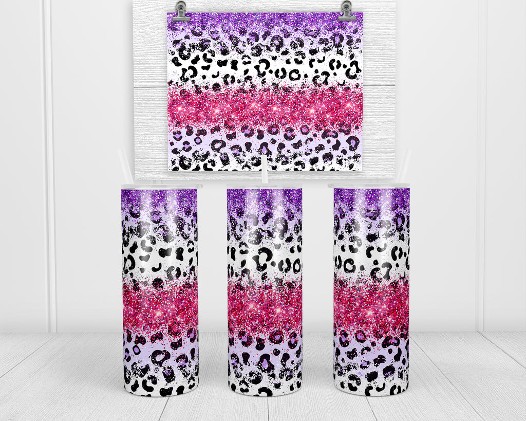 Leopard with Pink and Purple Glitter 20 oz insulated tumbler with lid and straw - Sew Lucky Embroidery