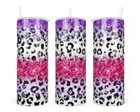 Leopard with Pink and Purple Glitter 20 oz insulated tumbler with lid and straw - Sew Lucky Embroidery