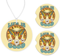 Life is Good Car Charm and set of 2 Sandstone Car Coasters - Sew Lucky Embroidery