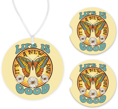 Life is Good Car Charm and set of 2 Sandstone Car Coasters