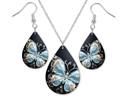 Light Blue Crystal Butterfly Earrings and Necklace Set