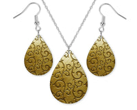 Light Brown Swirls Teardrop Earrings and Necklace Set - Sew Lucky Embroidery