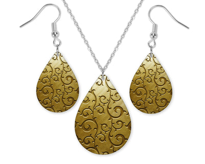 Light Brown Swirls Teardrop Earrings and Necklace Set