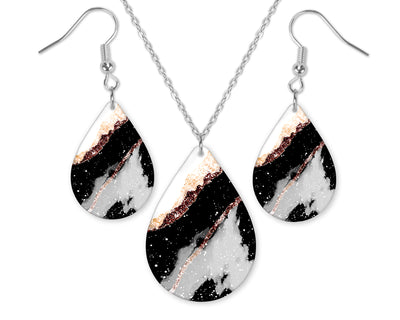 Marble Gold Teardrop Earrings and Necklace Set