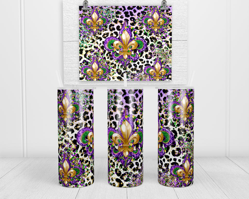 Mardi Gras Leopard 20 oz insulated tumbler with lid and straw - Sew Lucky Embroidery