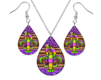 Mardi Gras Crawfish Teardrop Earrings and Necklace Set