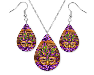 Mardi Gras Mask Teardrop Earrings and Necklace Set