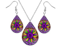 Mardi Gras Sunflower Teardrop Earrings and Necklace Set - Sew Lucky Embroidery