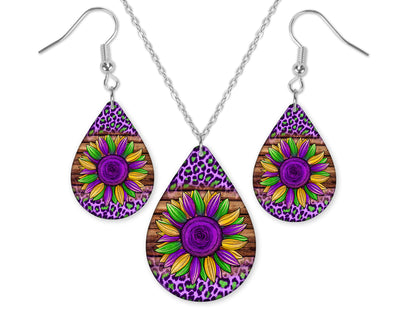 Mardi Gras Sunflower Teardrop Earrings and Necklace Set