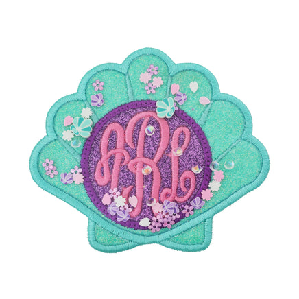Mermaid shell monogram embroidered patch with glitter center and decorative sequins for beach bags backpacks jackets and mermaid themed clothing