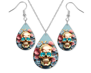 Metallic Floral Skull Earrings and Necklace Set - Sew Lucky Embroidery