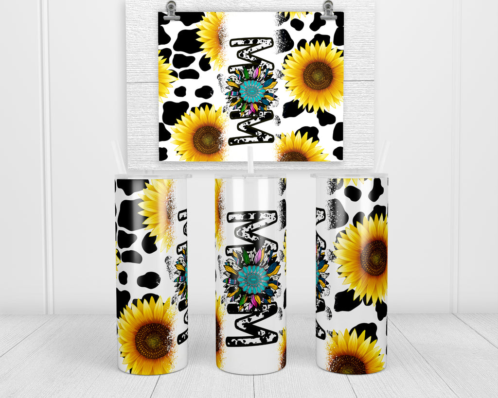 Mom Sunflower Cow Print 20 oz insulated tumbler with lid and straw - Sew Lucky Embroidery