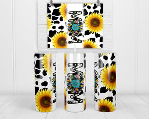 Mom Sunflower Cow Print 20 oz insulated tumbler with lid and straw - Sew Lucky Embroidery