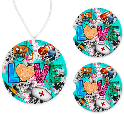 Nurse Love Car Charm and set of 2 Sandstone Car Coasters