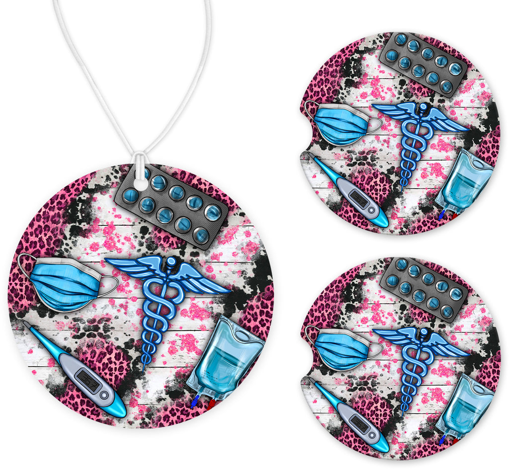 Nurse with Dark Pink Leopard Print Car Charm and set of 2 Sandstone Car Coasters - Sew Lucky Embroidery