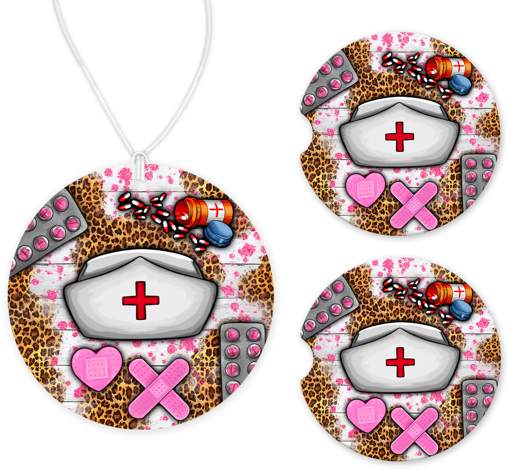 Nurse Hat Car Charm and set of 2 Sandstone Car Coasters - Sew Lucky Embroidery