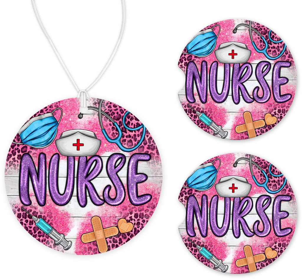 Nurse with Pink Leopard Car Charm and set of 2 Sandstone Car Coasters - Sew Lucky Embroidery