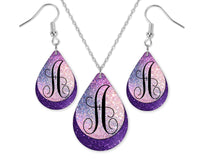 Ombre Blue and Purple Monogrammed Teardrop Earrings and Necklace Set - Sew Lucky Embroidery