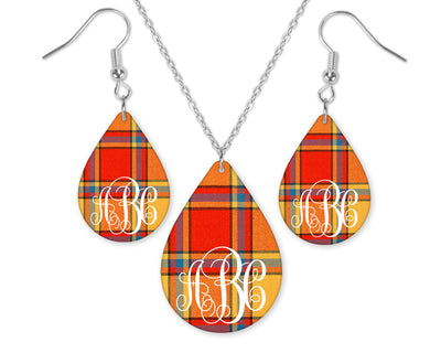Orange Plaid Monogrammed Teardrop Earrings and Necklace Set