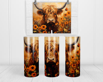 Painted Fall Highland Cow 20 oz insulated tumbler with lid and straw