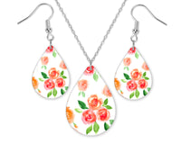 Painted Flowers Teardrop Earrings and Necklace Set - Sew Lucky Embroidery