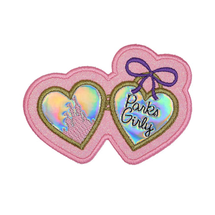 parks girly locket embroidered patch with iridescent heart glasses and castle design for theme park jackets backpacks and travel bags
