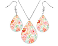 Pastel Flowers Teardrop Earrings and Necklace Set - Sew Lucky Embroidery