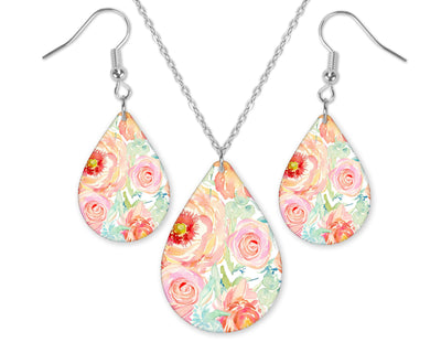 Pastel Flowers Teardrop Earrings and Necklace Set