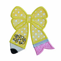 Personalized pencil bow monogram embroidered patch with yellow polka dot fabric, custom back to school patch for backpacks lunch boxes teacher bags and jackets