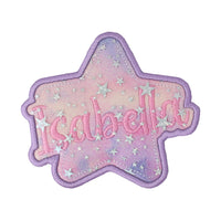 personalized star embroidered patch with ombre glitter background and clear star vinyl overlay custom name patch for backpacks and jackets
