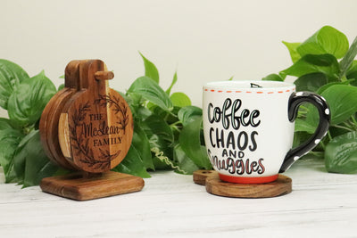 Personalized Leaves Engraved Wood Coasters - Set of Four coasters - Personalized Coasters with Stand - Handcrafted Home Decor - Unique Gift