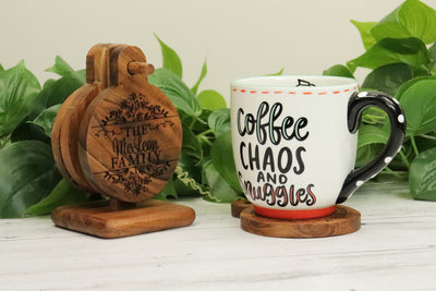 Split Floral Personalized Engraved Wood Coasters - Set of Four coasters - Personalized Coasters with Stand - Handcrafted Home Decor - Unique Gift