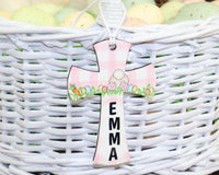 Cross with Bunny Easter Basket Tag for Boy or Girl - Sew Lucky Embroidery