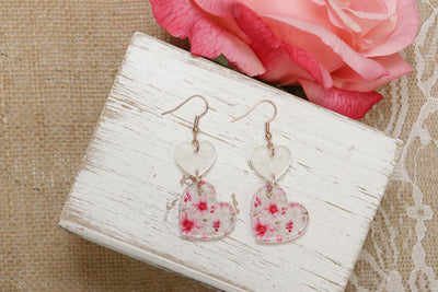 Heart-Shaped Floral Glitter Dangle Earrings