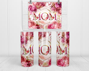 Pink Floral Mom oz insulated tumbler with lid and straw - Sew Lucky Embroidery