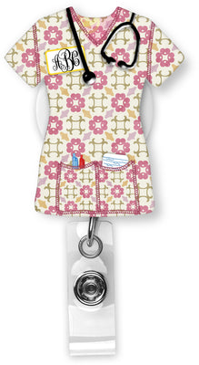 Pink Floral Scrubs Monogram Badge Reel